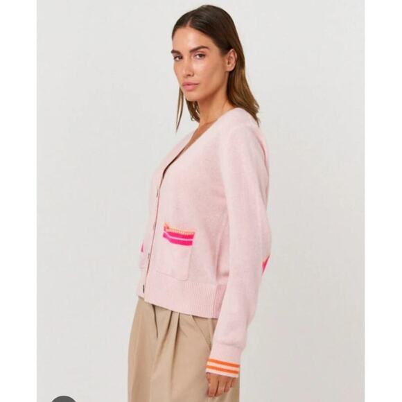 Brodie Elbow Patch Cardigan 100% Cashmere Large Varsity Stripe Preppy Academia - Picture 7 of 16